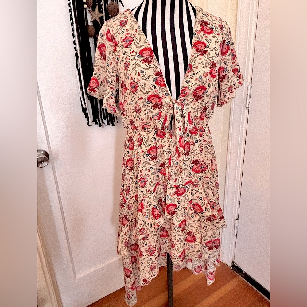 Nasty Gal Cream Tie Front Ruffled Romantic Cottagecore Floral Sundress New 8
